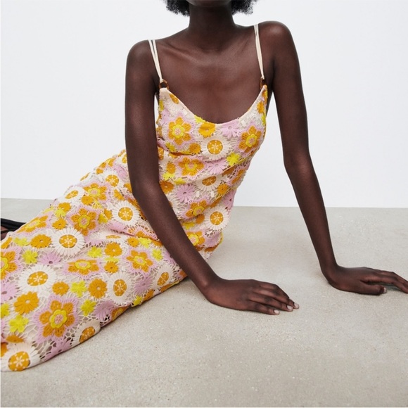 NWT Zara Flower Crochet Eyelet Midi Dress - Picture 4 of 9